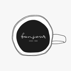 Doodle coffee vector illustration. Above cup view. Hand drawn cafe logo