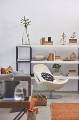 modern home style with orange carpet and decorative bookcase