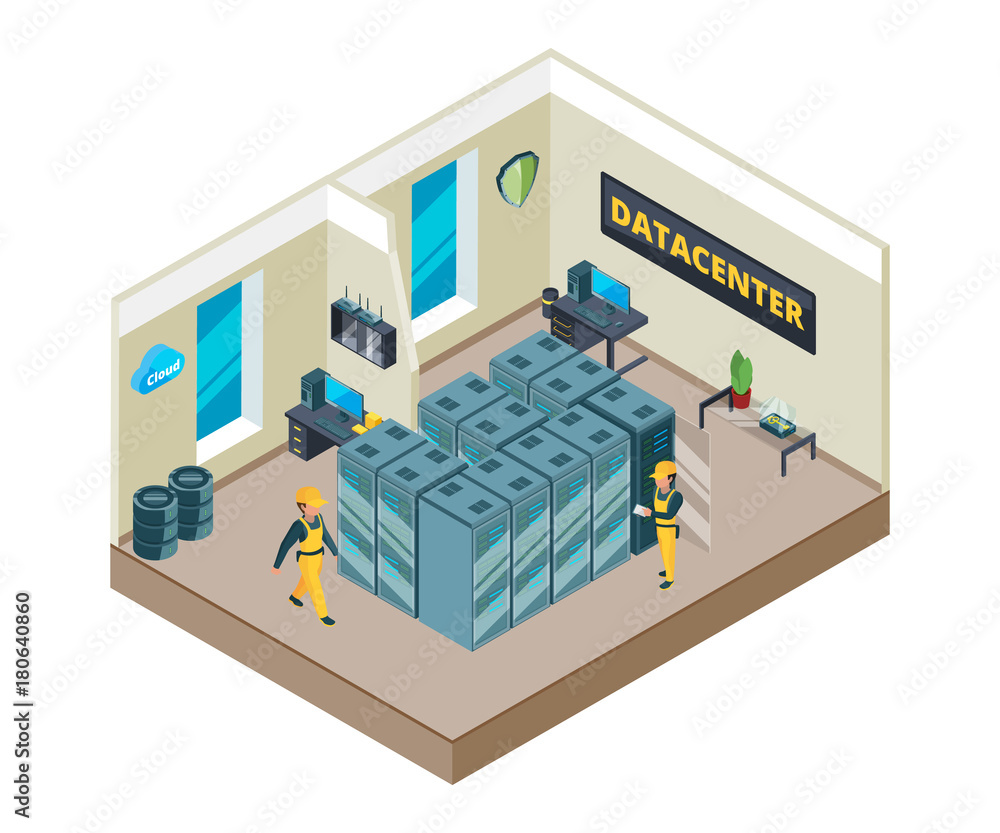 Poster isometric picture of interior of datacenter with specific equipment. clouds systems and different sy