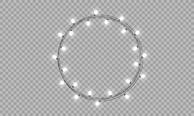 Garlands Christmas decorations lights effects. Isolated vector design elements. Glowing lights for Xmas Holiday greeting card design. Christmas decoration realistic luminous garland