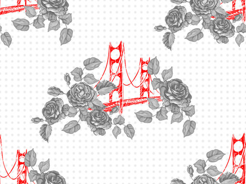 Seamless Paris pattern with Golden Gate Bridge and roses flowers. American vector background. Perfect for wallpaper, web page, surface texture, textile, invitation, clothing, card, designs products