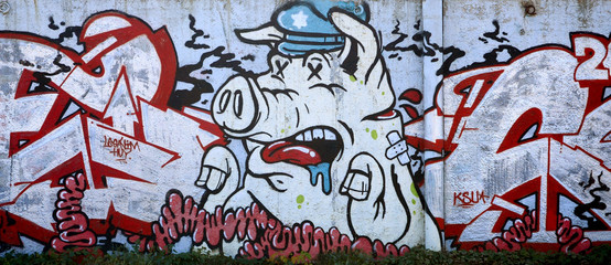 Die Textur der Wand mit Graffiti, die darauf abgebildet ist. Das Bild des gesamten und vollständigen Graffitis der Zeichnung als Ressource für die Gestaltung von 3D-Projekten