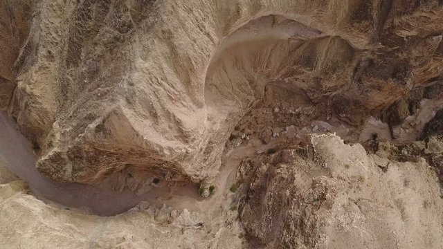 Aerial view of Flash flood after rain in dry desert riverbed