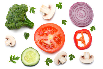 mix of slice of tomato, red onion, parsley, mushroom and broccoli isolated on white background. top...