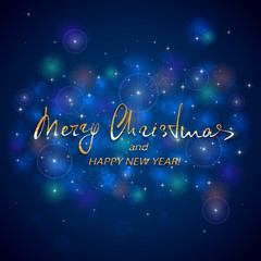 Golden lettering Merry Christmas and Happy New Year on blue background