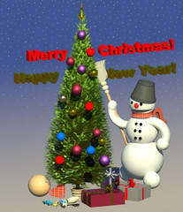 Christmas, New Year 3D illustration composition. Seasonal, Frosty the snowman, decorated colorful christmas tree, toys, gifts, gift boxes, gradient starry blue sky background. Collection.