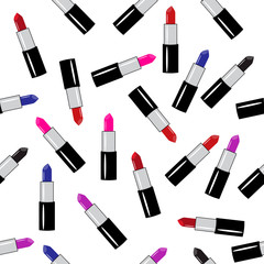 Obraz premium Vector seamless pattern illustration of lipsticks. Lipsticks with different colours and angles