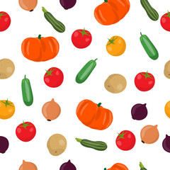 Vector seamless pattern illustration of vegetables. Potato. cucumber, tomato, onion, zucchini and pumpkin