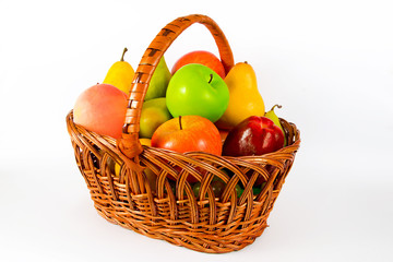 a fruit basket, apples, pear, isolated on white background