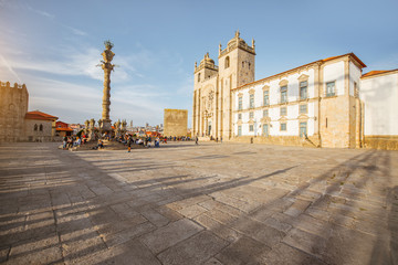 View on the central square with Se cathedral and Manueline column in Porto city, Portugal