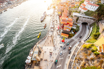 Top view on the Douro river with Ribeira region in the old town of Porto city, Portugal