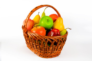harvest, fruit basket, apples and pear isolated on white background