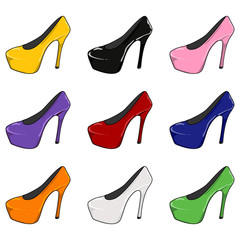 Vector illustration of sexy female shoes with high heels set. Shoes with different colours
