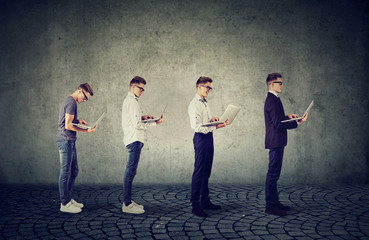Young man with laptop computer growing older, succeeding in his career 