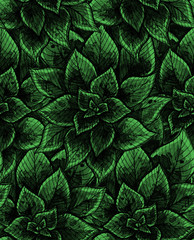 Nice seamless texture with watercolor leaves. Repeating background. Tiled pattern. Dark green theme.