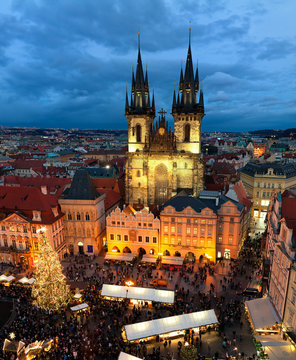 Tyn church and Christmas market in Prague.
