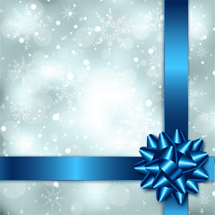 Elegant Christmas background with blue bow, ribbon and snowflakes.Vector Illustration