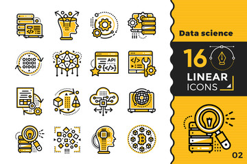 Linear icon set of Data science technology and machine learning process. Material design icon suitable for print, website and presentation