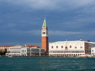 Fototapeta na wymiar Bell Tower of San Marco and Doge Palace from the waters of Venice