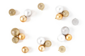 Golden and Silver Balls Top view White Background Christmas New Year