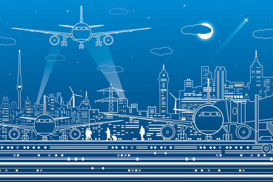 Airport illustration. Aviation transportation infrastructure. The plane is on the runway. Airplane fly, people get on the aircraft. Night city on background, vector design art