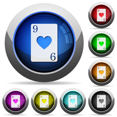 Nine of hearts card round glossy buttons