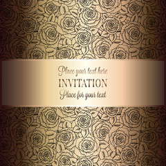 Abstract background with roses, luxury black and gold vintage tracery made of roses, damask floral wallpaper ornaments, invitation card, baroque style booklet, fashion pattern, template for design