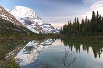 Landscape Panorama of Distant Snowy Mountain Robson Top Reflected in Water near Ranger Cabin on...