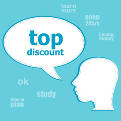 Text Top discount. Business concept . Silhouette of a head with speech bubble