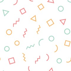 Memphis seamless geometric pattern with white background with different shapes. Vector repeating texture.