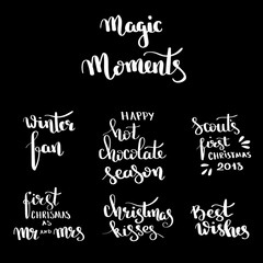 Christmas hand drawn lettering Design set. Handwritten Christmas quotes and wishes modern calligraphy lettering