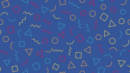 Memphis seamless pattern with blue background with different shapes. Trendy memphis style. Vector repeating texture.
