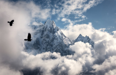 Zwei fliegende Vögel gegen den majestätischen Manaslu-Berg mit schneebedeckter Wolkenspitze an sonnigen hellen Tagen in Nepal. Gestalten Sie mit schönen hohen Felsen und blauem bewölktem Himmel landschaftlich. Naturhintergrund. Märchenhafte Szene