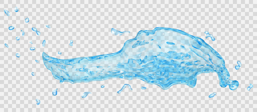 Transparent water splash with water drops in light blue colors, isolated on transparent background. Transparency only in vector file