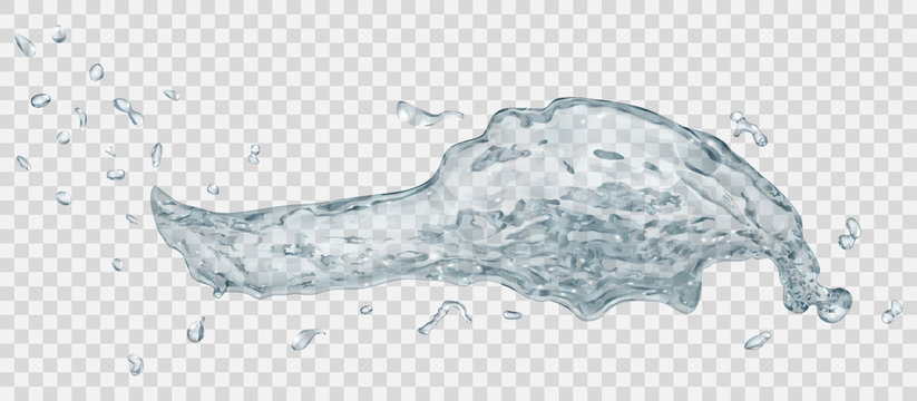 Transparent water splash with water drops in gray colors, isolated on transparent background. Transparency only in vector file