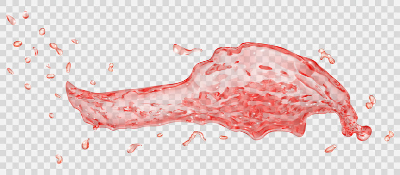 Transparent water splash with water drops in red colors, isolated on transparent background. Transparency only in vector file