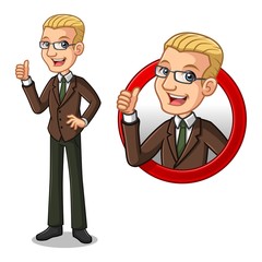 Set of blonde businessman in brown suit, inside the circle logo concept with showing like, ok, good job, satisfied sign gesture with his thumbs up.
