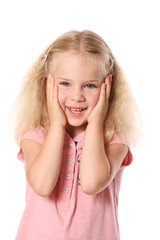 Fototapeta premium the girl is holding the cheeks on a white background