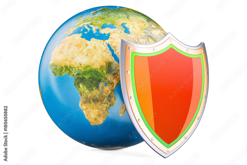 Poster earth globe with shield, environment protect concept. 3d rendering isolated on white background