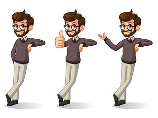 Set of hipster businessman cartoon character design stand leaning against, isolated against white background.