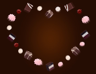 Chocolate candies flying on a brown background.