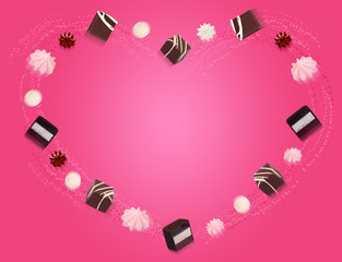 Chocolate candies flying on a pink background.