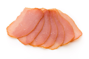 Sliced boiled ham sausage isolated on white background, top view.