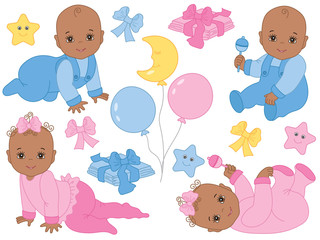 Vector Set of Cute African American Baby Boy and Baby Girl. Vector Baby Shower
