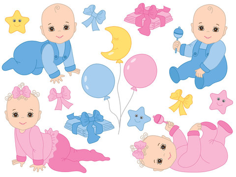 Vector Set of Cute Baby Boy and Baby Girl. Vector Baby Shower