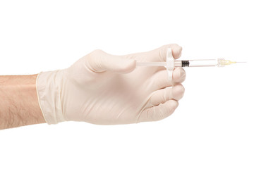 Hands in medical gloves with syringe cosmetology medicine