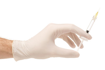 Hands in medical gloves with syringe cosmetology medicine