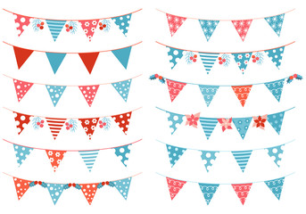 Christmas vector triangle bunting garland in blue and red colors for invitations and greeting cards