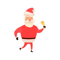 Santa Claus ringing bell decorated with holly leaves and berries. Smiling funny cartoon character isolated on white background. Christmas festive vector illustration.