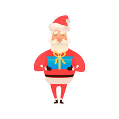 Santa Claus holding a gift box or giving present. Christmas tradition. Cute Father Frost. Vector illustration on white background. Cartoon and flat style.